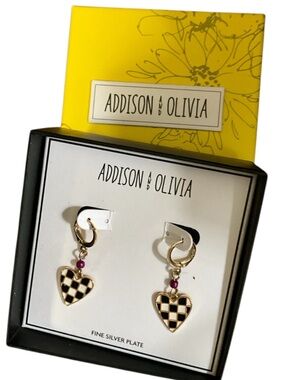 Addison and Olivia Heart Dangle Earrings Black White Checker Gold Tone NIB